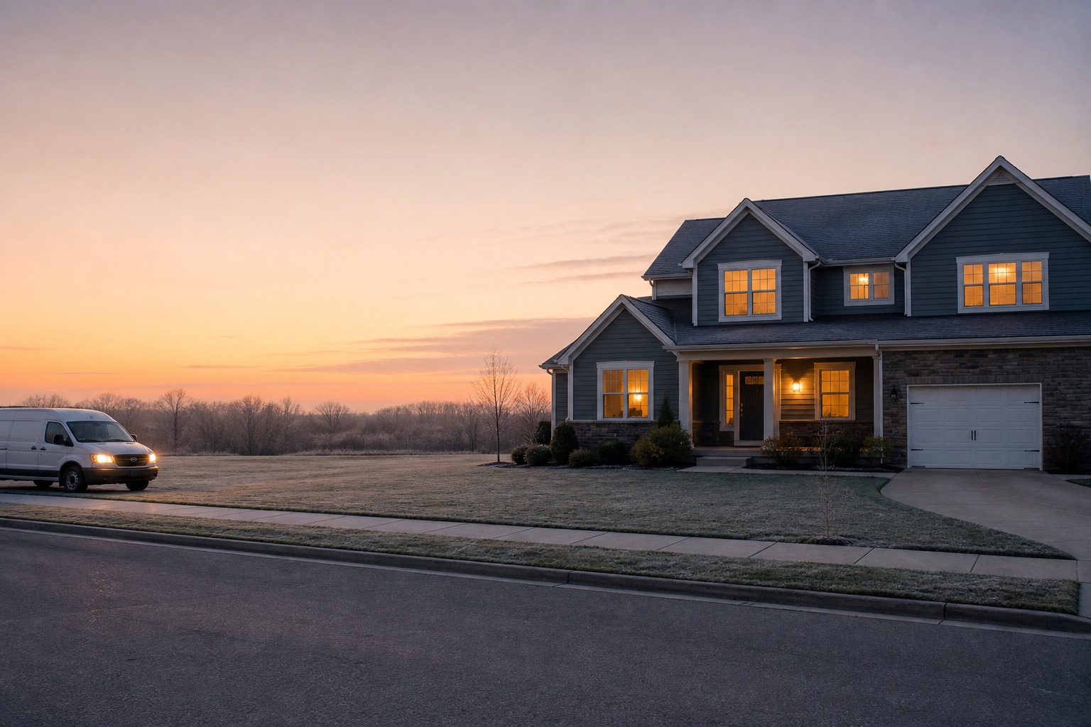 Claire's house at dawn, lights on in the windows