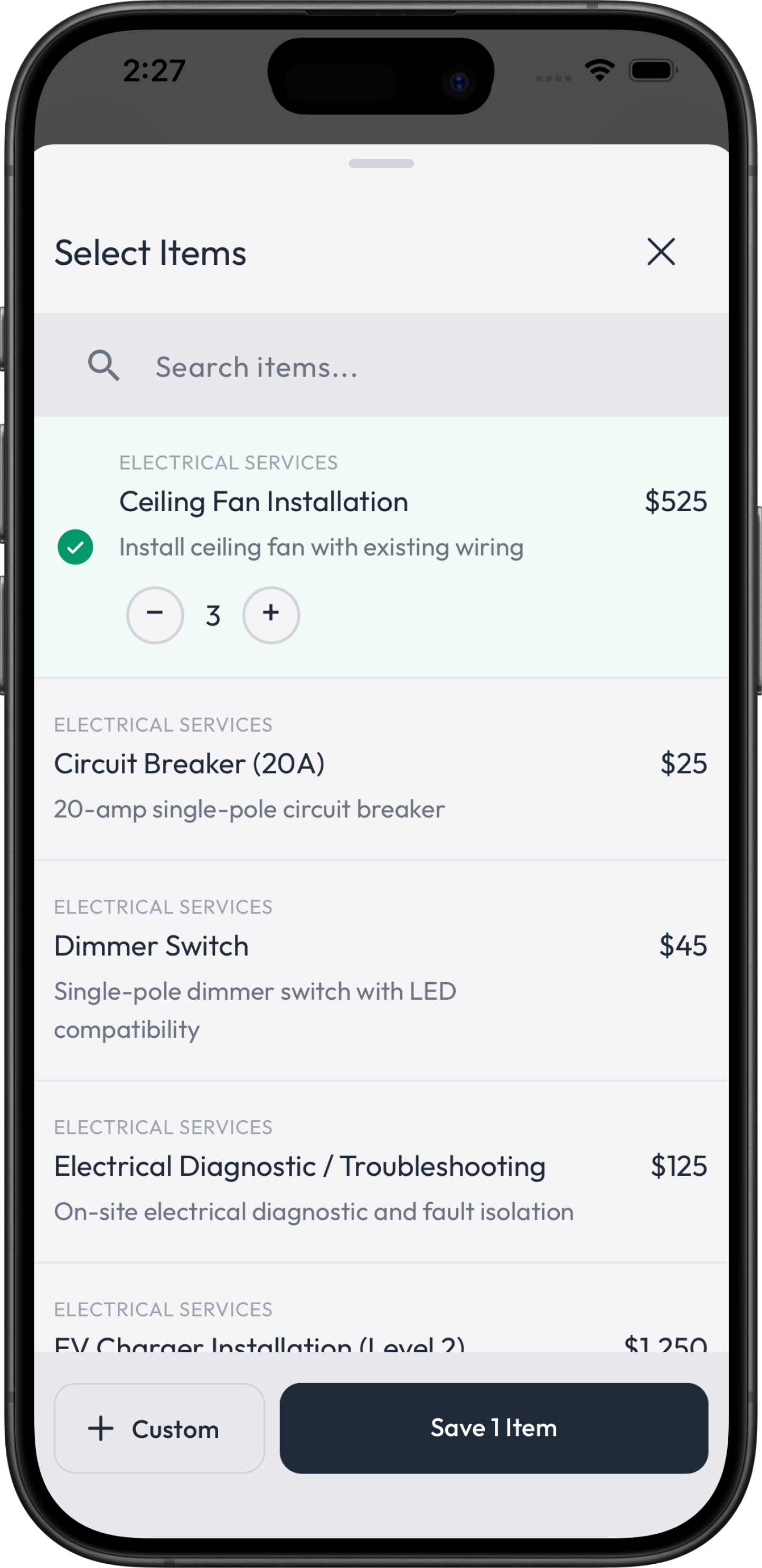 The pricebook in the Fieldsity app
