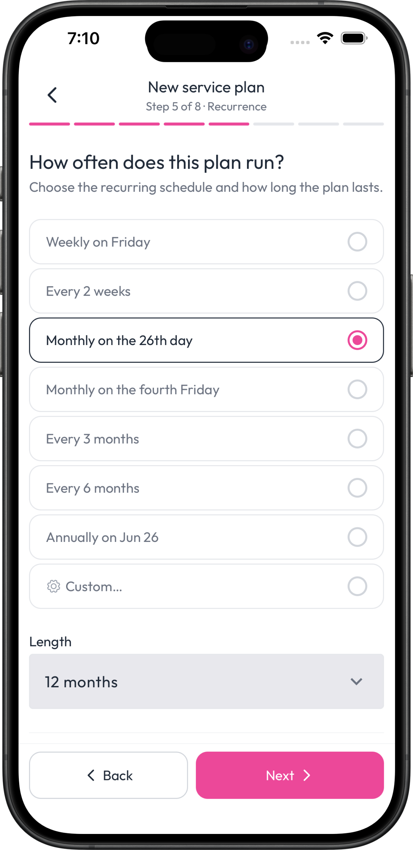 Pool service plan with recurring scheduling in the Fieldsity app