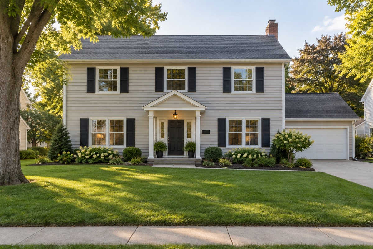 2205 S Kensington Dr, a gray colonial with black shutters