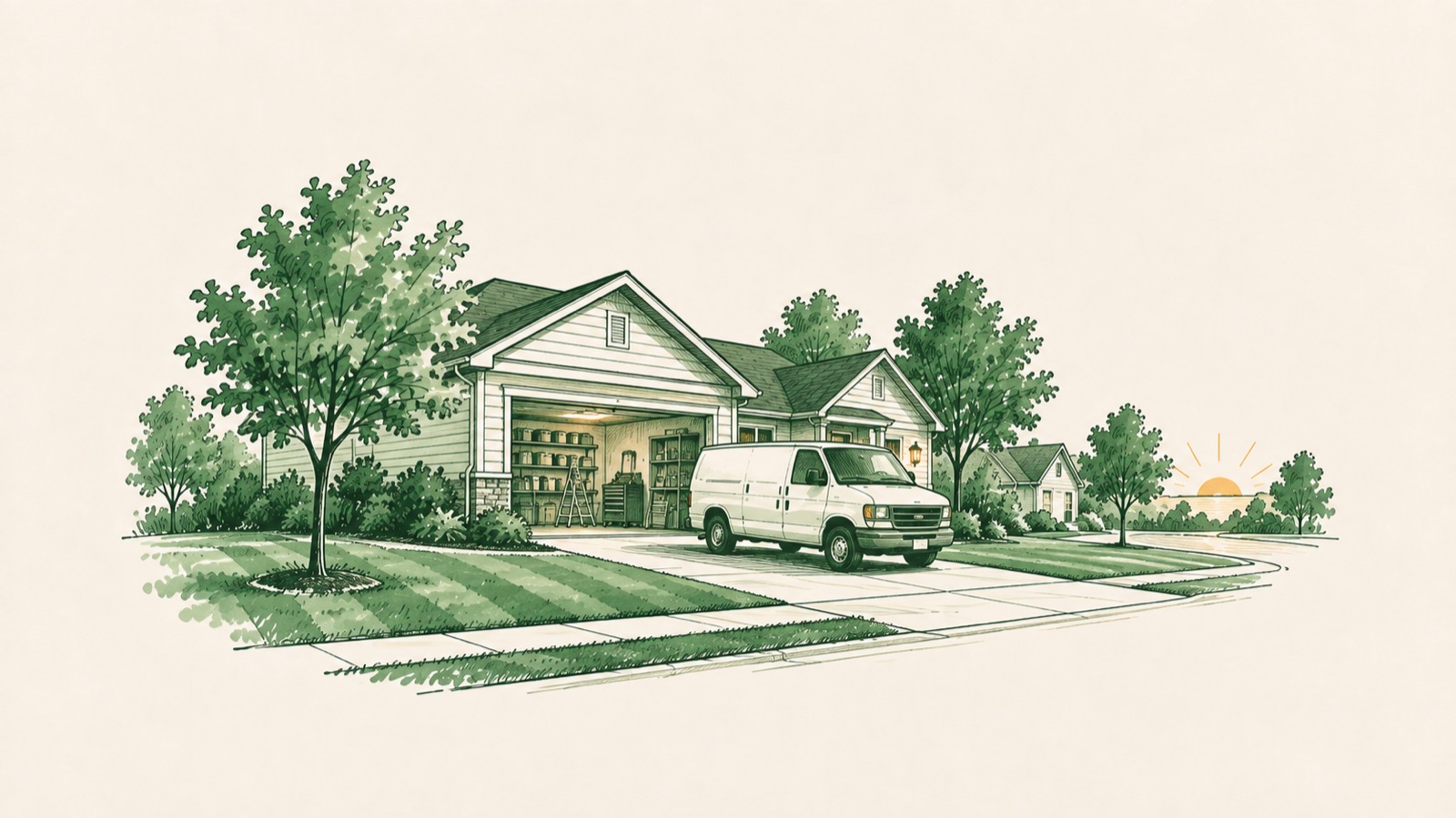 A work van in a driveway beside an open garage with tidy shelves, morning sun