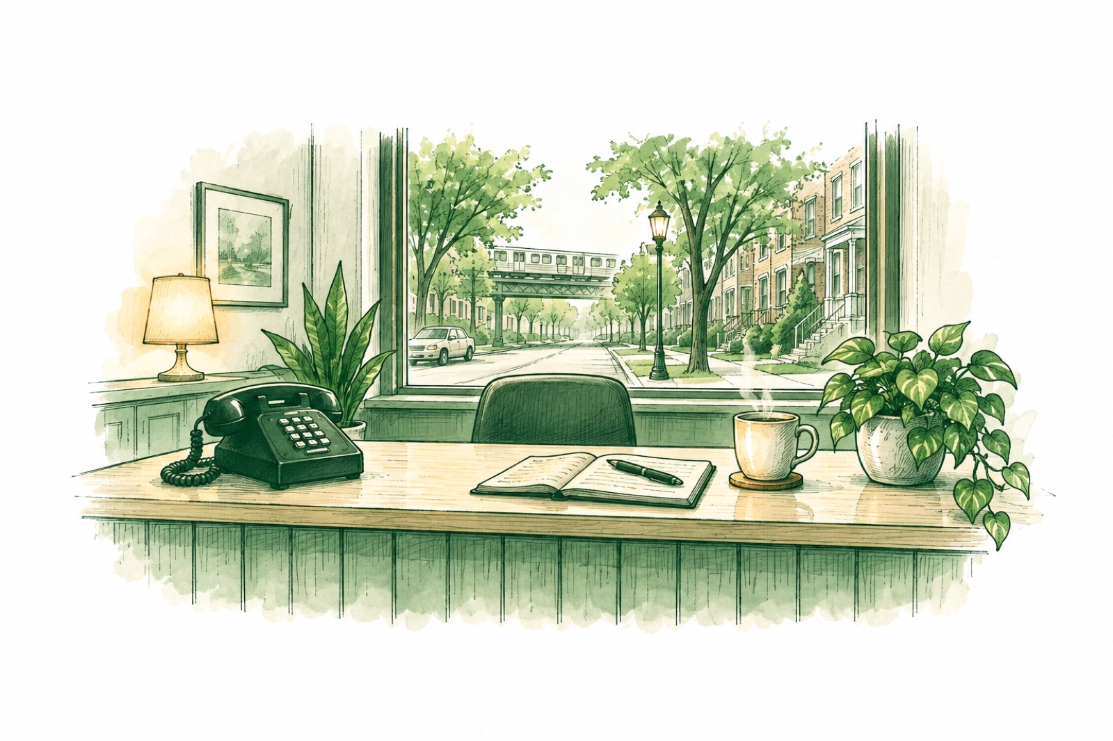 A front desk by a window: a desk phone, an open notebook, a mug of coffee, the L train passing outside