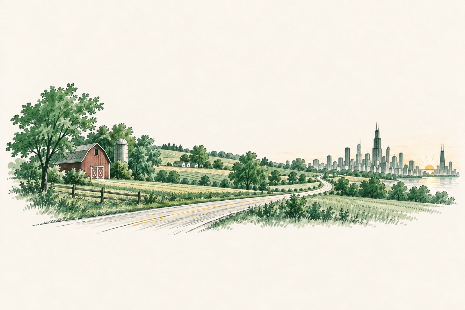 A two-lane road running from Wisconsin farmland, past a red barn, to the Chicago skyline