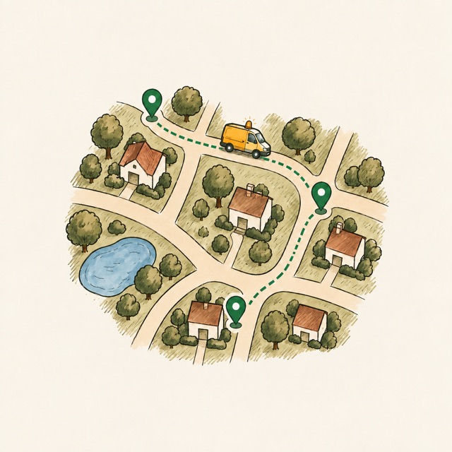 A neighborhood seen from above, a van on a route between three pinned houses