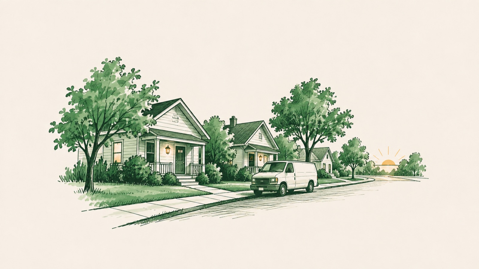 A quiet street at dawn: porch lights still on, a white work van at the curb