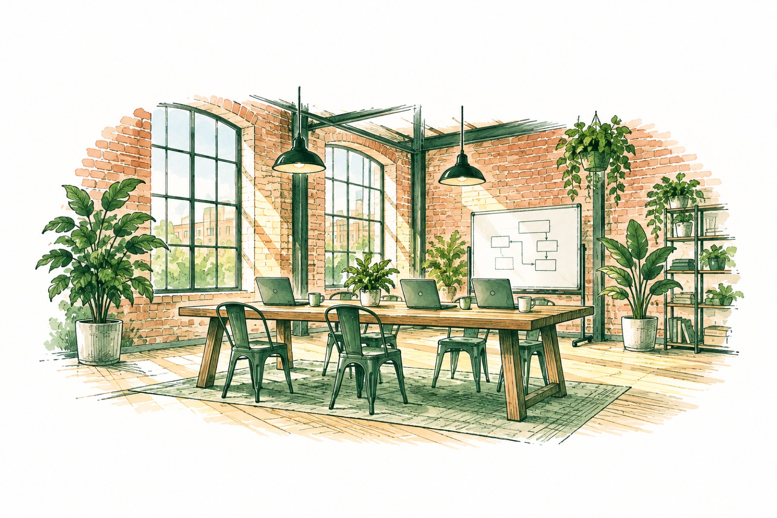 A long table in a brick-walled studio, three laptops open, a whiteboard of boxes and arrows